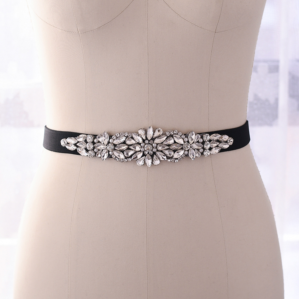 TRiXY S407 Stunning Elastic Belt Crystal Belt Rhinestone Sash Fancy Belt for Girls Women Black Wedding Belts Bridal Sashes