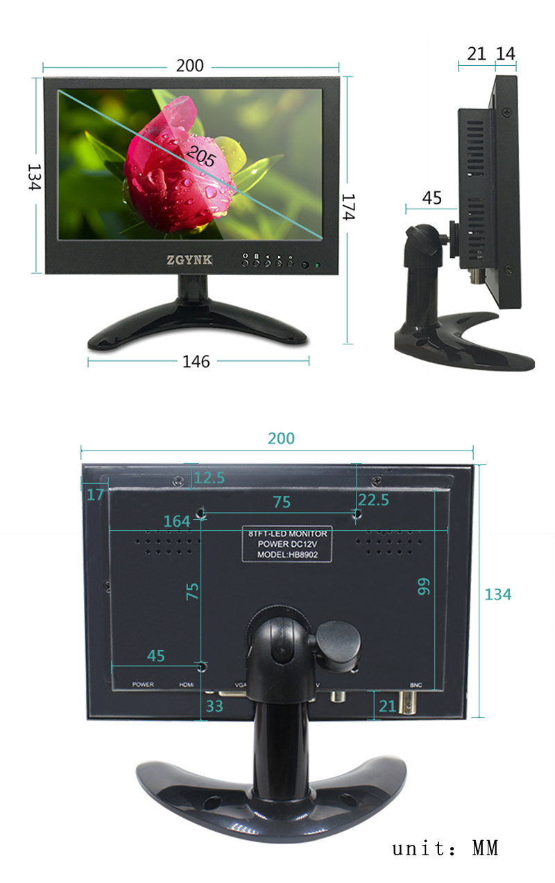 8-inch BNC widescreen 1024X600 HD LCD monitor 16:9 industrial metal enclosure computer HDMI display