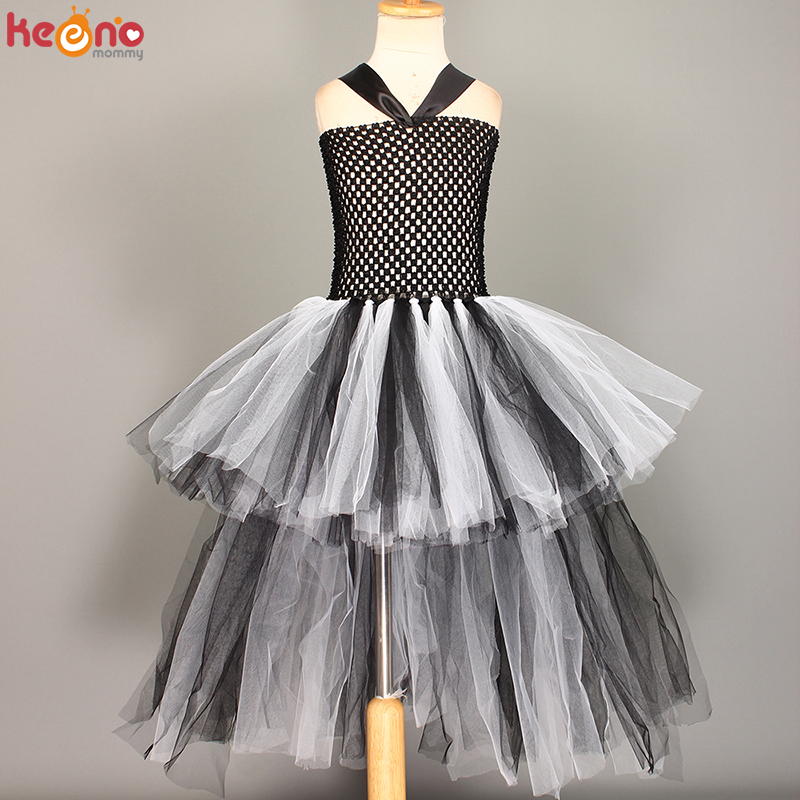 Black and White High Low Tutu Dress Children Halloween Birthday Costume Outfit Girls Pageant Party Ball Gown Fancy Tulle Dresses