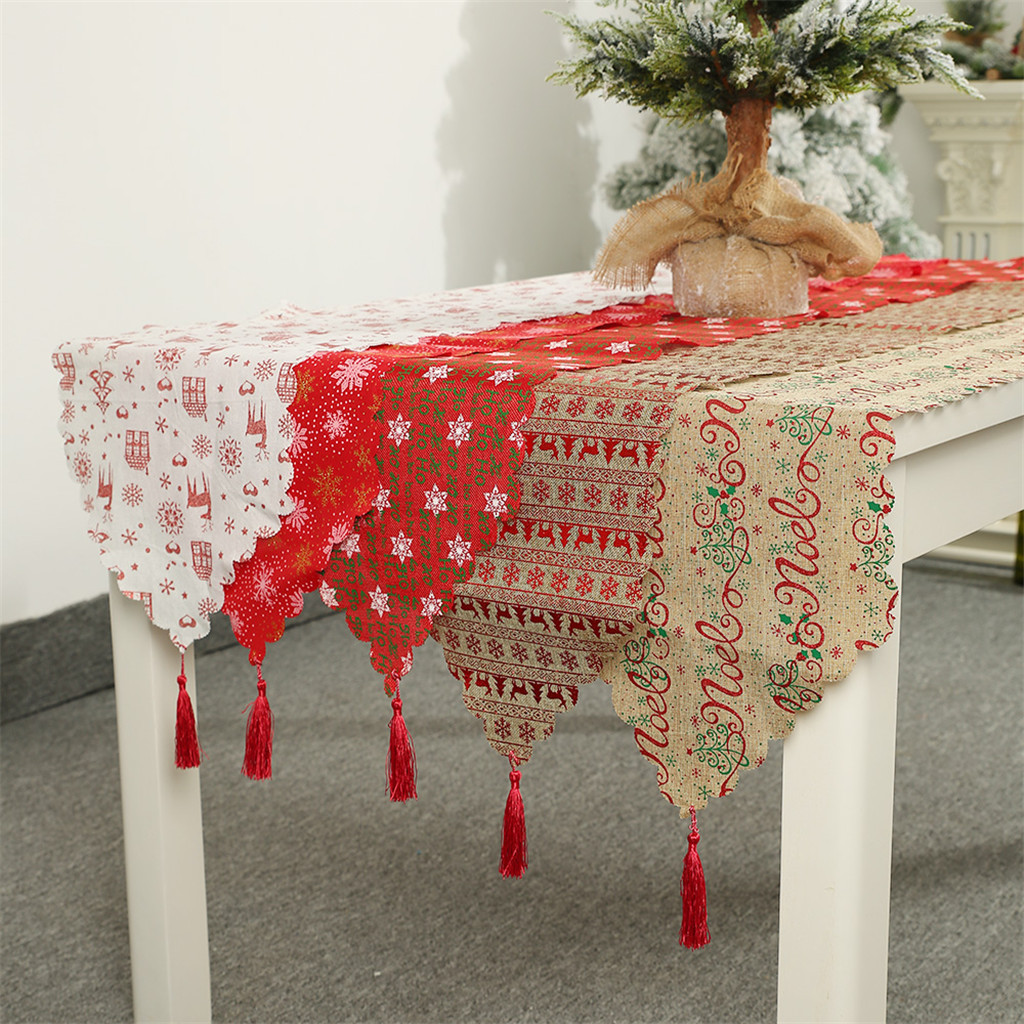Christmas Decoration Linen Printed Table Flag Runner Tassel Placemat Hotel Home Festival FD