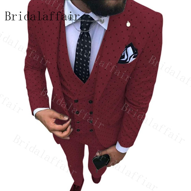 Bridalaffair Wedding Party Burgundy Tuxedo Spot Suits For Men 3 Pieces Slim Fit Mens Suit Prom Suit Stage Jacket Pants Vest