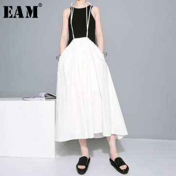 [EAM] 2021 New Spring Summer High Elastic Waist White Split Joint Big Size Cross Bandage Half-body Skirt Women Fashion WD813