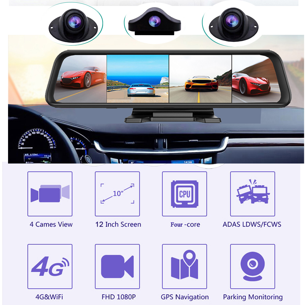 4GB+32GB Andorid 8.1 Center Console 12inch Car Dvr Camera 4 Channel 360° Panoramic View Rearview Mirror GPS 4G Wifi ADAS Dashcam