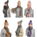 Women Winter 3Pcs Beanie Hat Long Scarf Touch Screen Gloves Set Leopard Thick Plush Lined Knit Cuffed Pompom Skull Cap