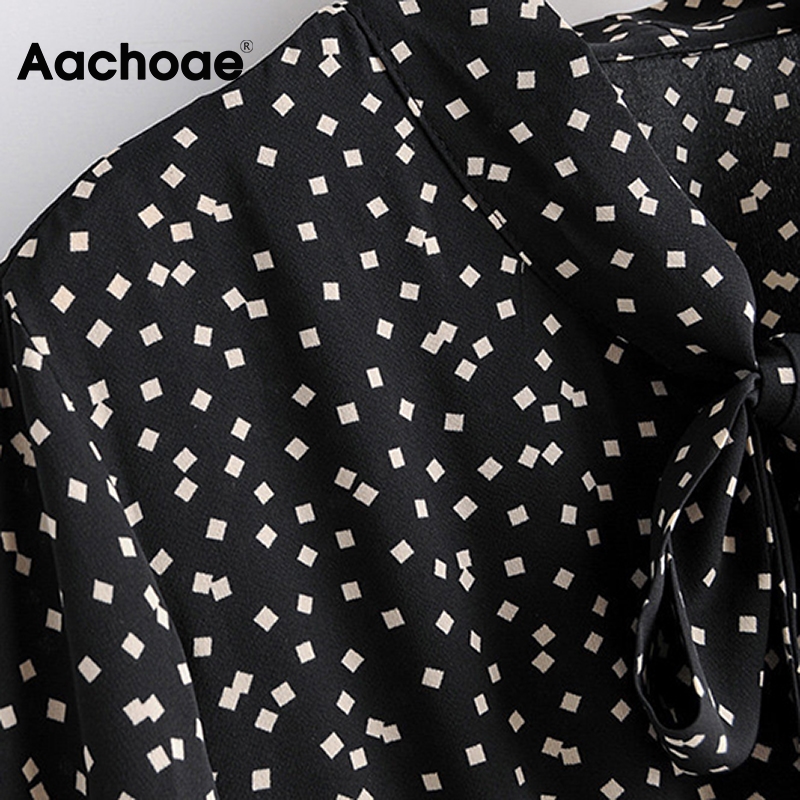 Aachoae Women Geometric Print Vintage Long Dresses 2020 Bow Tie Collar Casual Midi Dress Female Ruffle Long Sleeve Elegant Dress