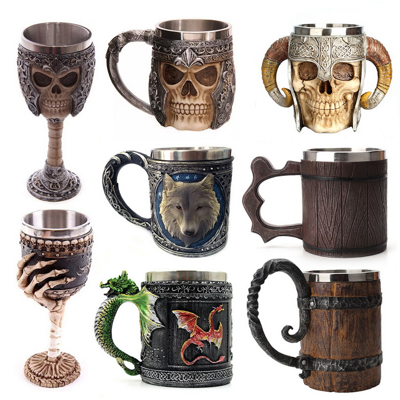 Retro Resin Stainless Steel Beer Mug Skull Knight Halloween Coffee Cup Creative Tea Mug Pub Bar Decoration