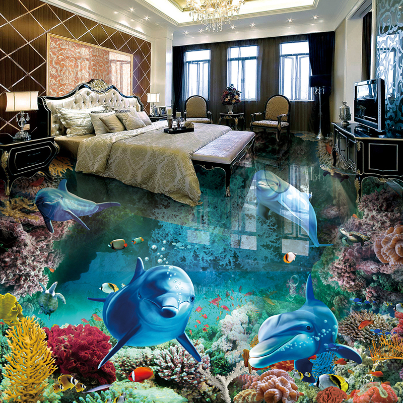 Custom 3D Floor Painting Mural Photo Wallpaper Underwater World Dolphin Living Room Bathroom PVC Waterproof Papel De Parede 3D