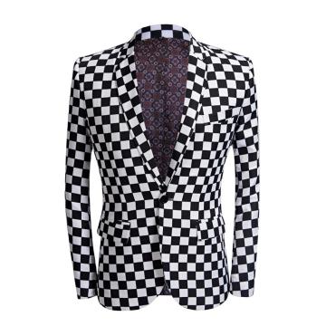 Men's black and White Checkered printed suit men Slim fit suit set blazers singer costume mariage casual nightparty bar