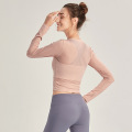 Mesh Yoga Crop Tops Yoga Shirts Long Sleeve Workout Fitness Tops Running Sports Breathable T-Shirts With Thumb Yoga Sportswear