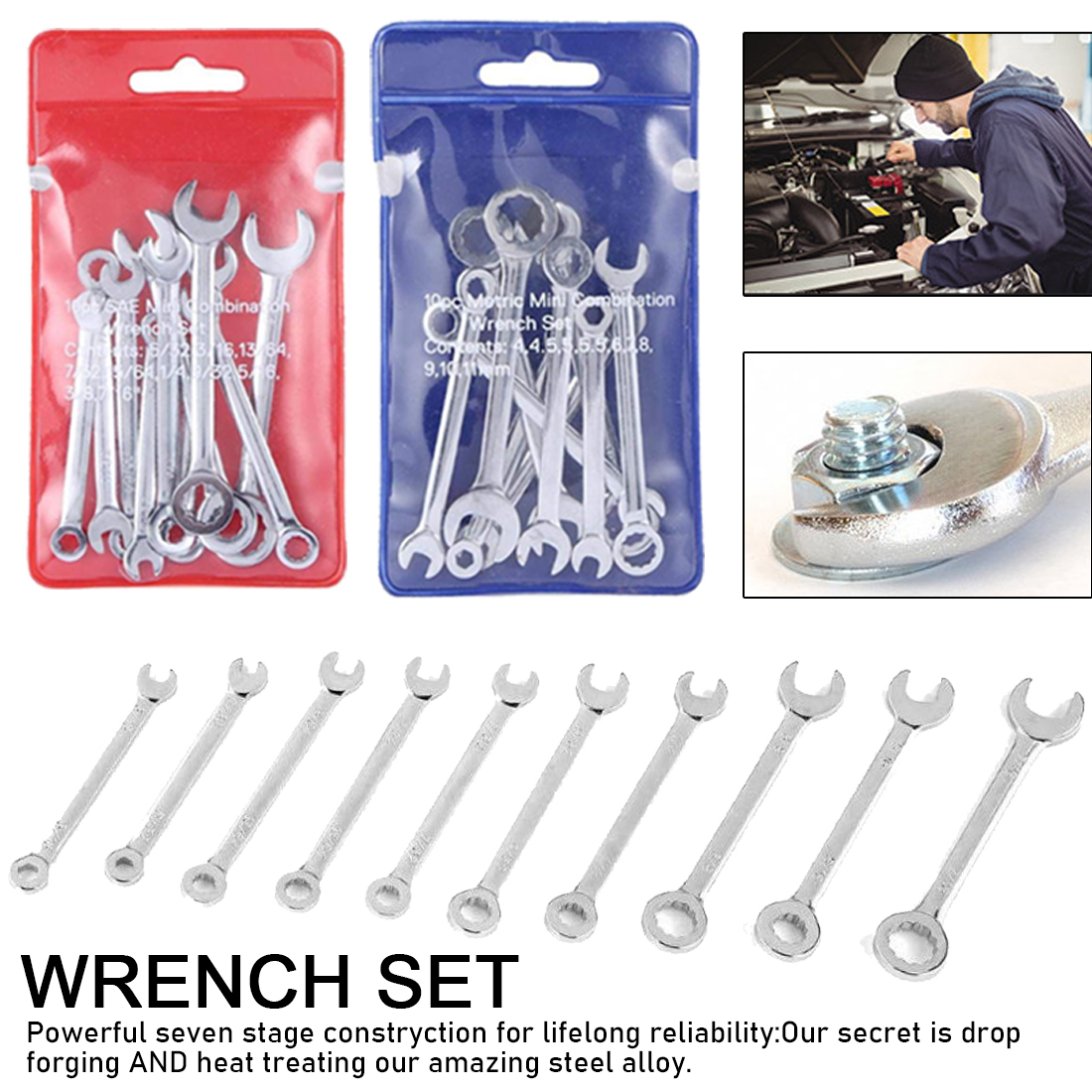 Mini Combination Wrench Spanner Set Double End 3/16-7/16 inch 10pcs/Pack