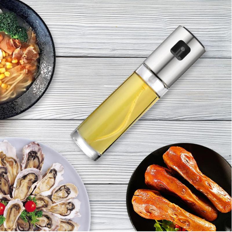 1xGlass Olive Oil Sprayer Kitchen Oil Spray Bottle Pump Stainless Steel Oil Pot Leak-proof Drops Oil Dispenser BBQ Cooking Tools