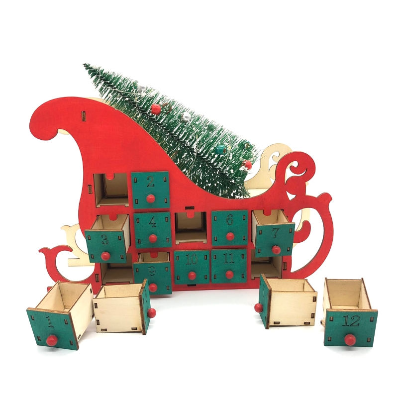 Christmas Sleigh Tree Wooden Advent Calendar Countdown Xmas Party Decor 24 Drawers with LED Light Ornament 19QB