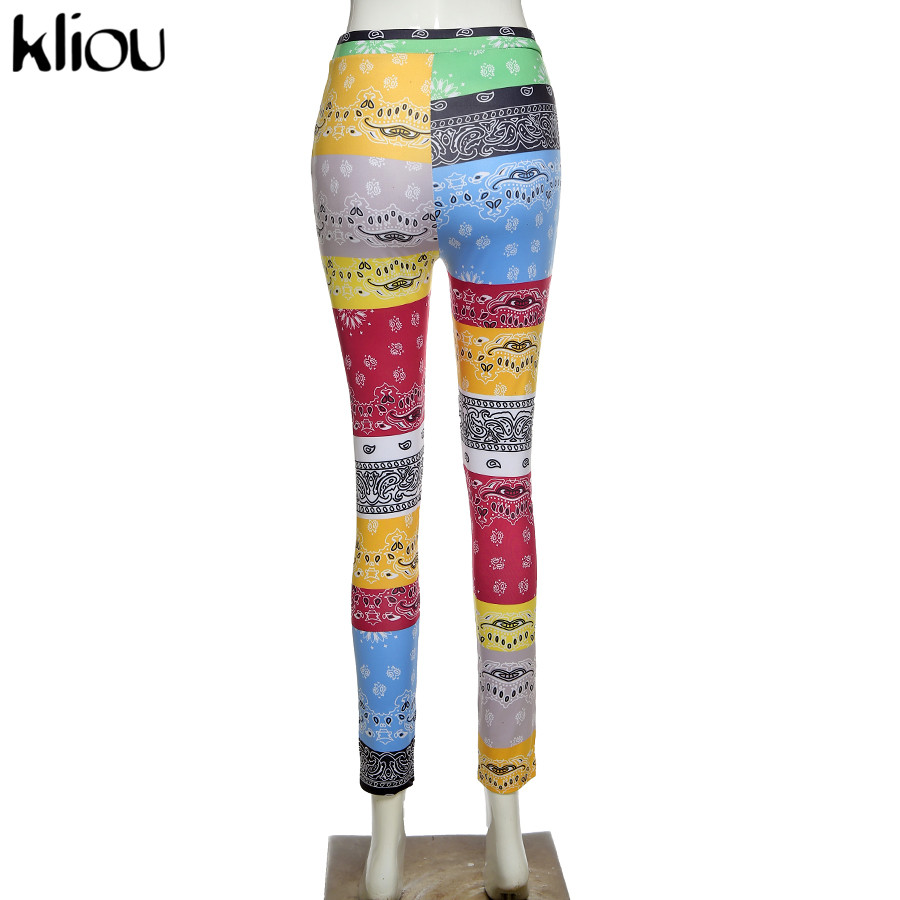 Kliou Side Split Printed Elastic Women Pencil Pants Mid Waist Workout Casual Bodycon Trousers 2020 Active Color Blocking Pants