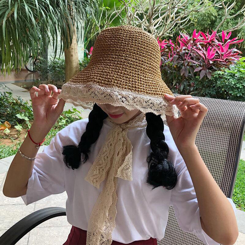 Women Summer Beach Raffia Beige pink khaki Panama Hat Bow Raffia Hat Temperament Sun Cap Straw Hats Women's Seaside Hat