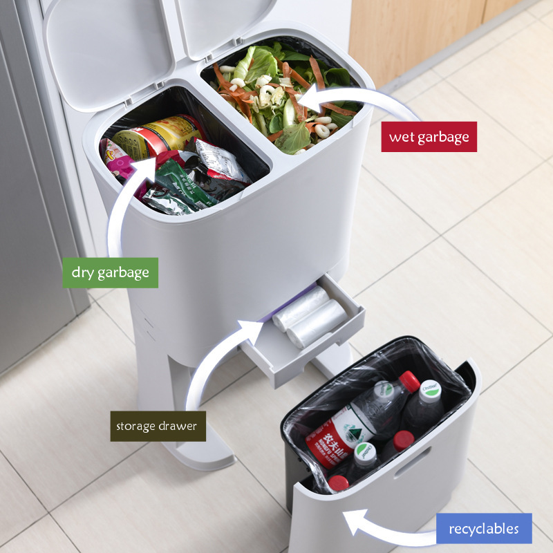Large Three Layers Garbage Trash Cans Kitchen Storage Vertical Waste Sorting Bins with Wheel Garbage Bag Holder Recyclable