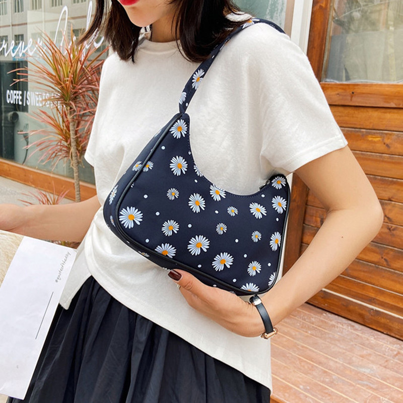 Classic Texture Fashion Flower Daisy Women Handbag Portable Creative Design Chic Nylon Underarm Shoulder Tote Baguette Bags