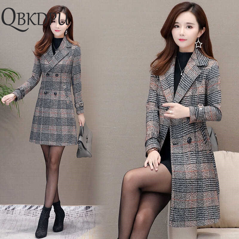 Winter Women Wool Blends Casual Jacket Plaid Trench Coat Elegant Slim Thick Outerwear Cardigan Female Cashmere Overcoat 2019 New