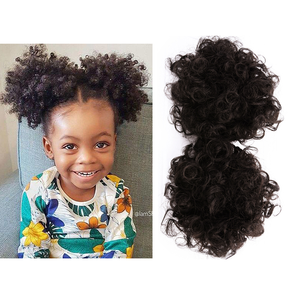 2Pcs Synthetic Afro Kinky Hair Bun Chignon Postiche Cheveux High Temperature Fiber Drawstring Ponytail on Puff Hair Bun For Kids