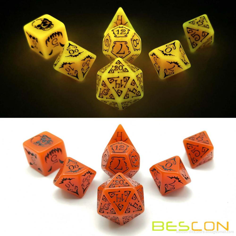 Bescon Halloween Polyhedral Dice Set, Halloween RPG Dice d4 d6 d8 d10 d12 d20 d% Set of 7 Solid Black and Glowing Pumpkin Set