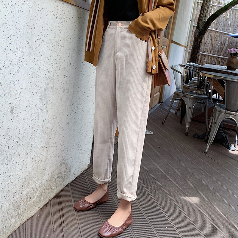 BGTEEVER Spring Summer Women Corduroy Pants Vintage High Waist Female Straight Pants Casual Women Trousers Capris 2020