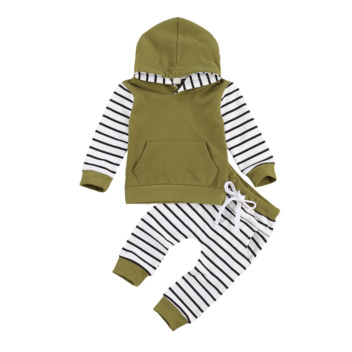 Infant Newborn Baby Boy Hooded Top, Jogger Pants Suit, Striped Print V-Neck Long Sleeve Front Pocket Hoodie Lace-up Trousers