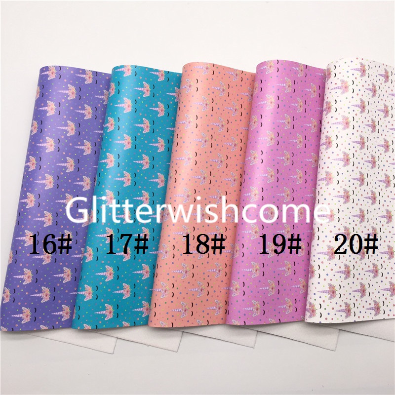 Glitterwishcome 21X29CM A4 Size Vinyl For Bows Unicorn Printed Synthetic Leather Fabric Faux Leather Sheets for Bows, GM892A