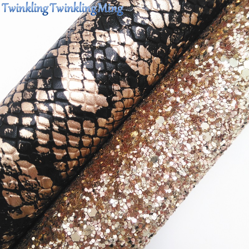 GOLD Glitter Fabric, Snake Faux Leather Fabric, Synthetic Leather Sheets For Bows A4 8"x11" Twinkling Ming XM234