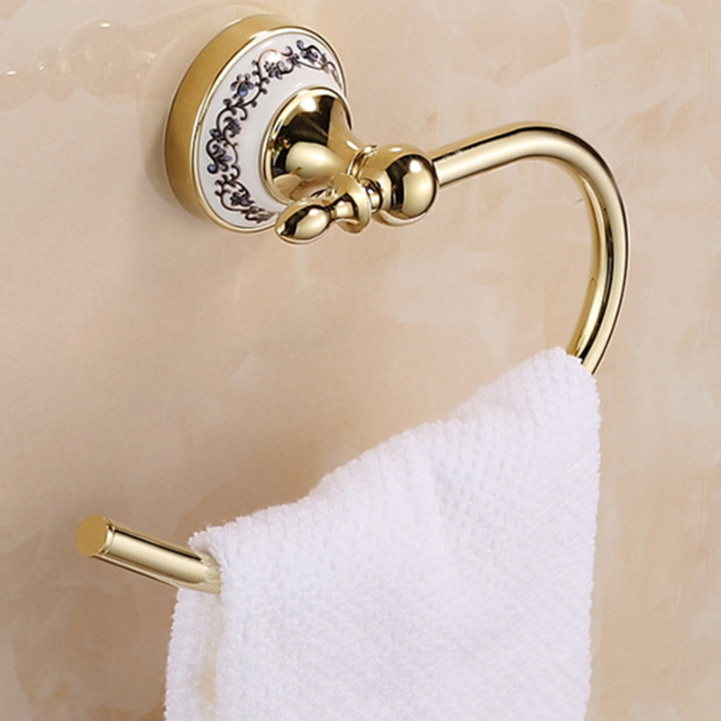 Vintage Style White Porcelain Gold Color Towel Ring Rack Holder Ceramic Plate Base Towel Bar Wall Mount Bathroom Accessories