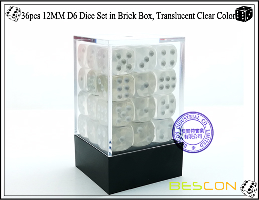 36pcs 12MM D6 Dice Set in Brick Box, Translucent Clear Color-1