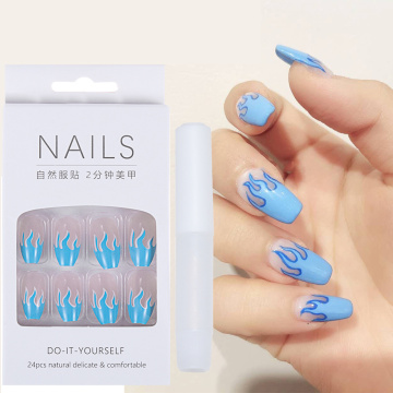 European Square Flame Fake Nails Design Blue Purple Fire Pattern Full Cover False Nails Artificial Nail Decal Art Tips with Glue