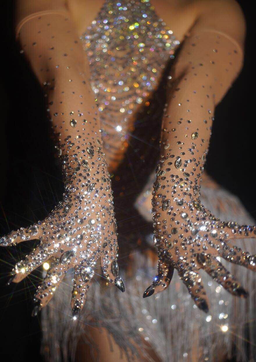 Stretch Rhinestones Gloves Fashion Mesh Transparent Long Mittens Lady Singer Dancer Stage Performance Wear Crystal Stones Gloves