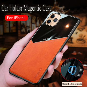 Magentic Holder Chip Case For iPhone 11 12 pro max mini SE 2020 Glass +Leather Phone Cases For iPhone 6 6S 7 8 X XS Max XR Cover