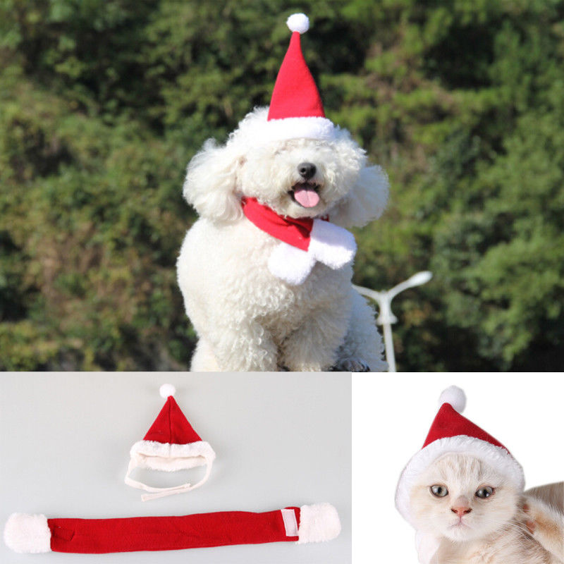 2019 New Pet Cat Dog Puppy Santa Hat Scarf Set Christmas Xmas Holiday 2Pcs Outfits Apparel US Stock