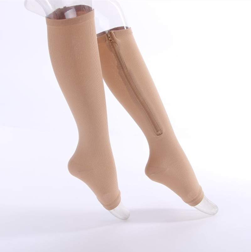 1pair New Women Zipper Compression Socks Comfortable Zip Leg Support Knee Sox Open Toe Sock S/M/XL Sports Camping Socks