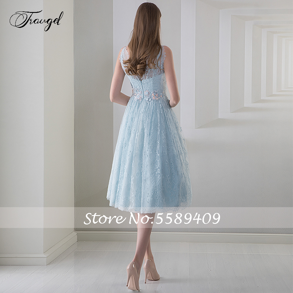 Traugel VNeck A Line Knee-Length Lace Cocktail Dresses Chic Applique Beading Tank Sleeve 3D Flower Short Prom Evening Party Gown