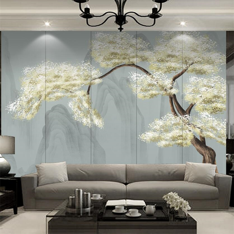 Customize Art tree light color fresh living room sofa background wall painting custom large mural wallpaper papel de parede para