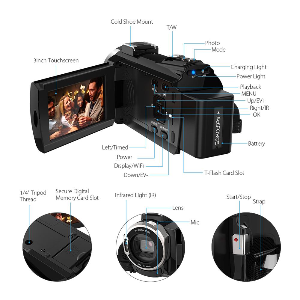 4K WiFi Ultra HD 1080P 48MP 16X ZOOM Digital Video Camera Camcorder+Microphone+Wide Angle Lens