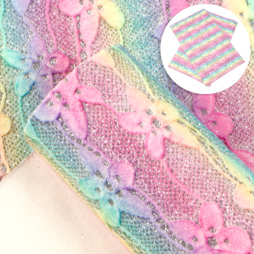 Synthetic Leather Rainbow Glitter Lace Design Faux Leather Sheets DIY Handmade Materials Leatherette Fabric,1Yc8756