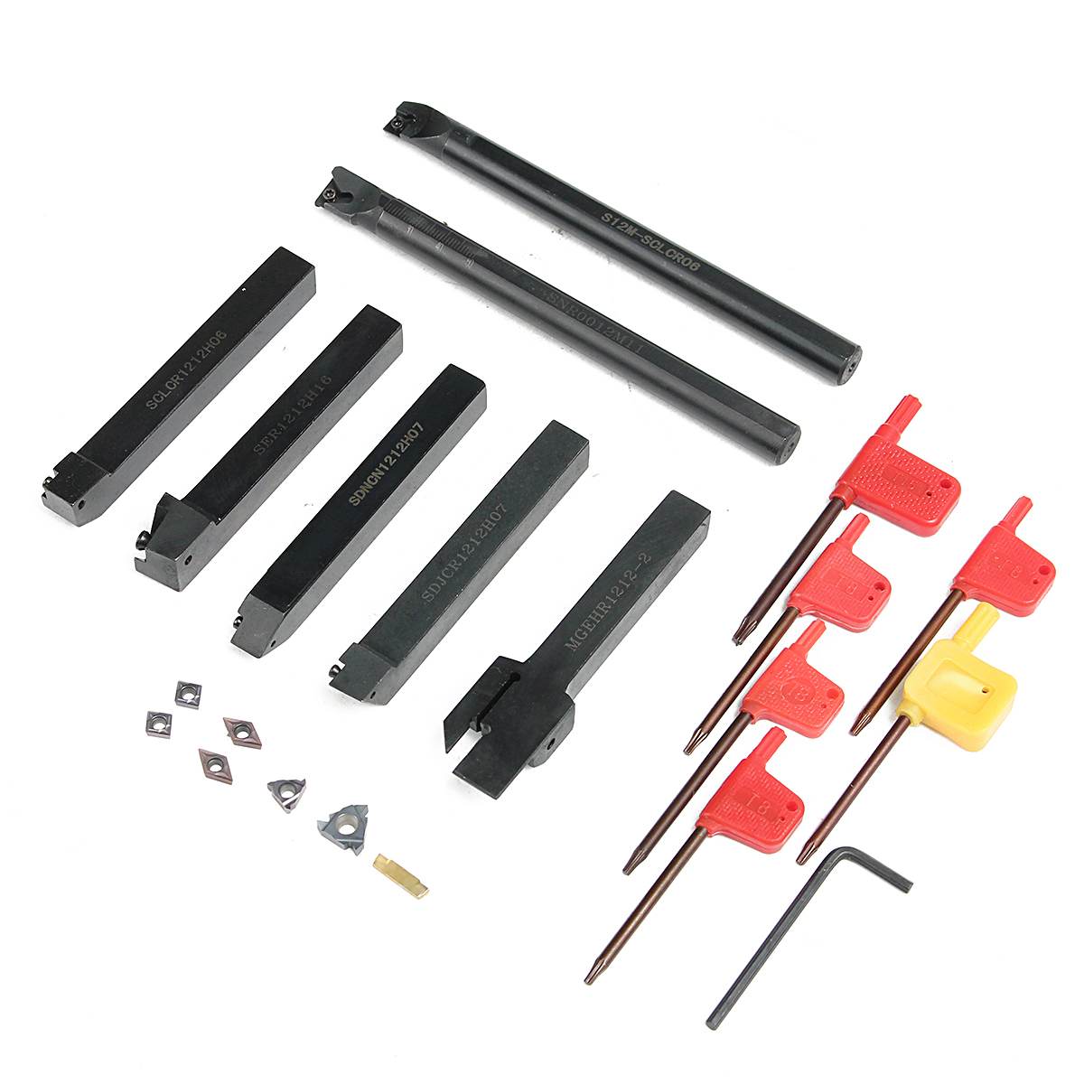 7PCS DCMT CCMT Carbide Insert + 7PCS 12MM Lathe Turning Tool Holder Boring Bar + Wrench For Lathe Turning Tool