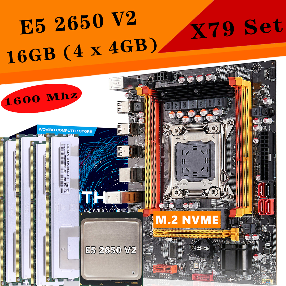 X79 Computer Motherboard Set X79 with Xeon E5 2650 V2 CPU max 16GB 4X 4GB DDR3 ECC REG 1600Mhz PCI-E NVME for gaming Server