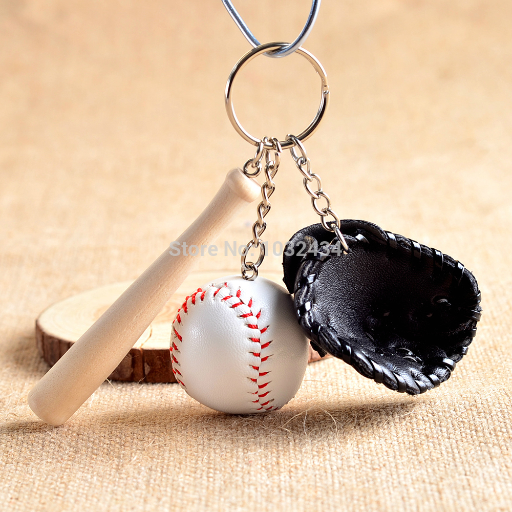 50 pcs/lot Wholesale Mini Baseball glove wooden bat key chains sport Car Key Chain Key Ring Promotion Gift