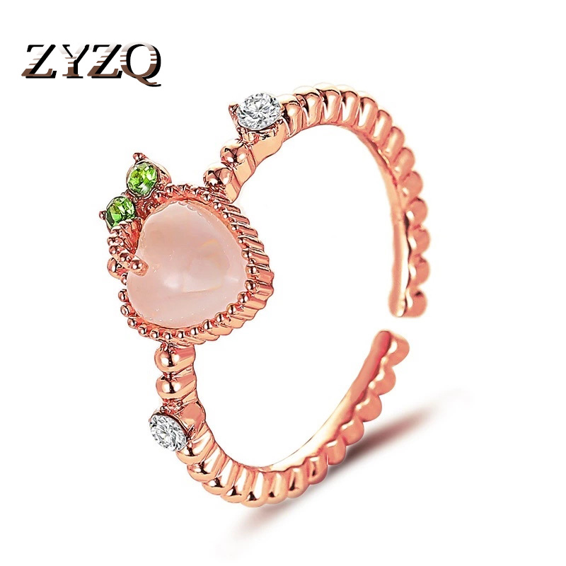 ZYZQ Sweet Pink Peach Ring Summer Fresh Love Artificial Opal Opening Adjustable Index Finger Ring