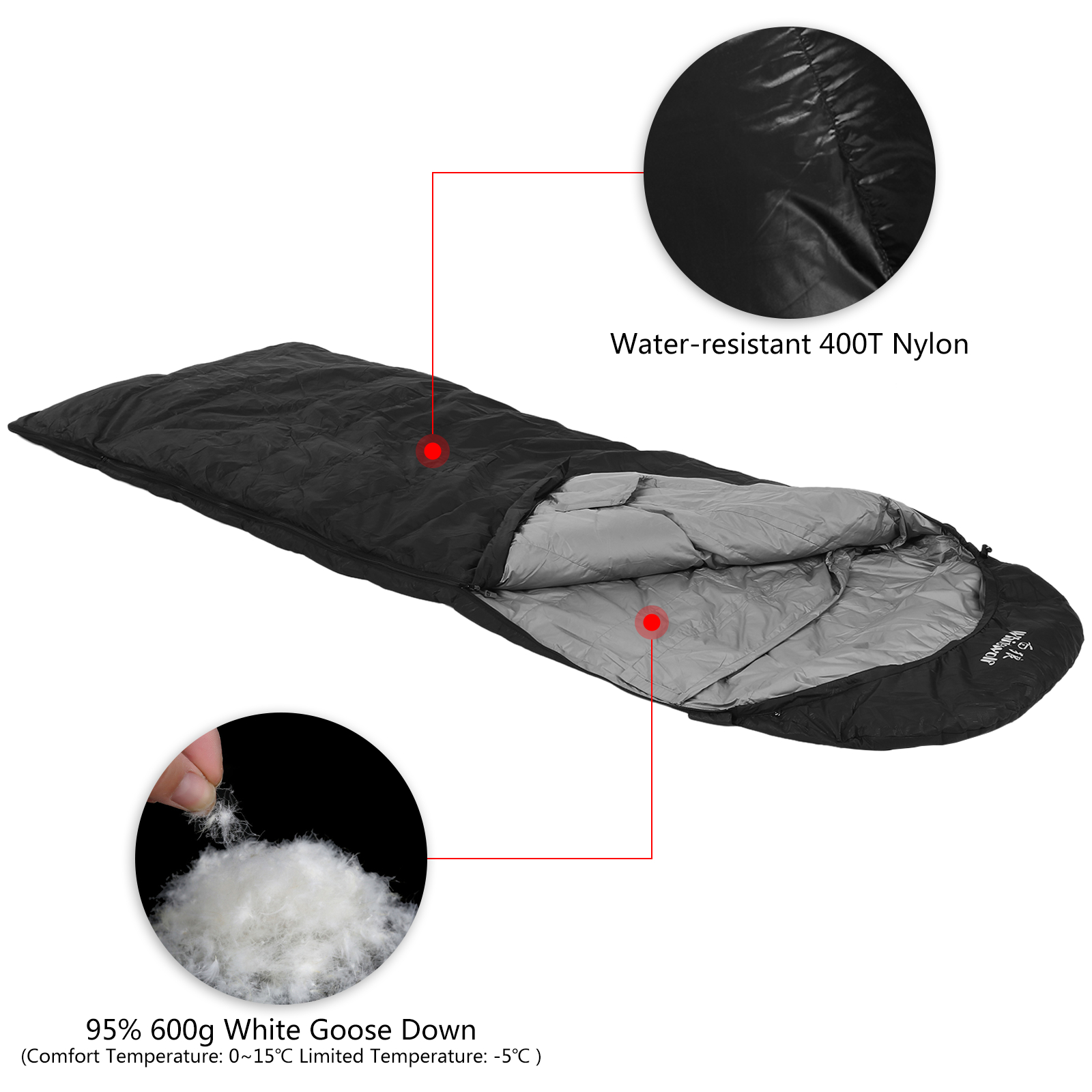 95% White Goose Down Sleeping Bag Lightweight Waterproof Washable with Compression Sack for Backpacking Camping Hiking Traveling