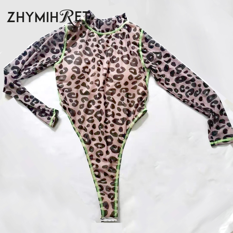 ZHYMIHRET Sexy Leopard Print See Through Mesh Bodysuit Women Neon Patchwork Long Sleeve Jumpsuit 2019 Festival Bodycon Rompers