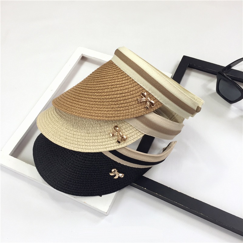 Fashion Summer Women's Casual Lined Sun Visor Caps Straw Hats Metal Bowknot Adult Handmade DIY Sun Shade Beach Top Hats