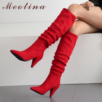 Meotina Winter Knee High Boots Women Pleated Spike Heels Long Boots Pointed Toe Super High Heel Shoes Ladies Fall Red Size 34-43