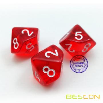 Bescon Polyhedral 10 Sides Dice with Number 1-10, Red Transparent 10 Sided Dice, 10 Sides Cube 1-10