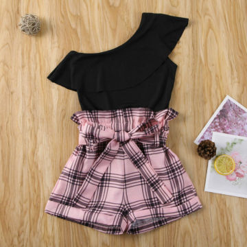 Pudcoco Toddler Girls Clothes Baby One Shoulder Ruffles T Shirts Tops Plaid Print Bow Shorts 2pcs Child Girl Set 2-7Y