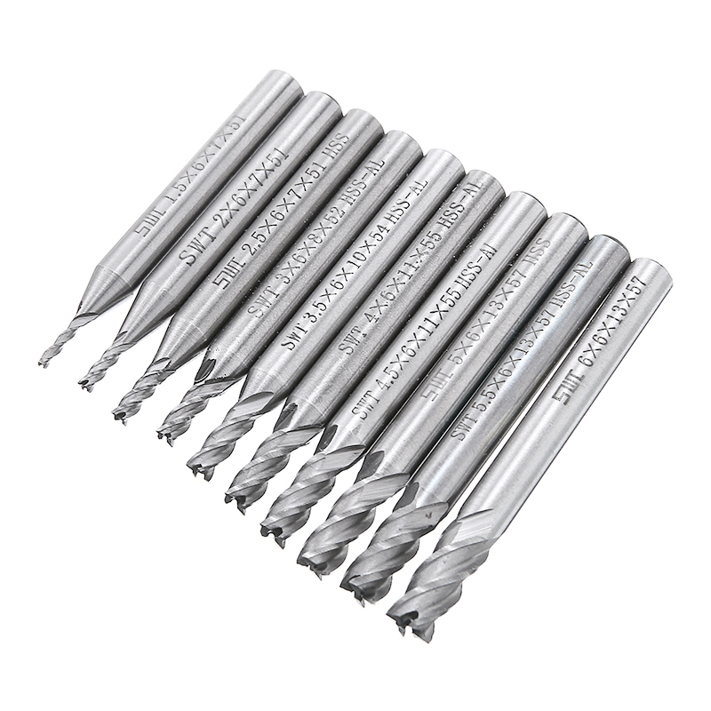 10pcs 4 Flute End Mill Set HSS Straight Shank Milling Cutter 1.5-6mm Router Bit Set for CNC Woodworking