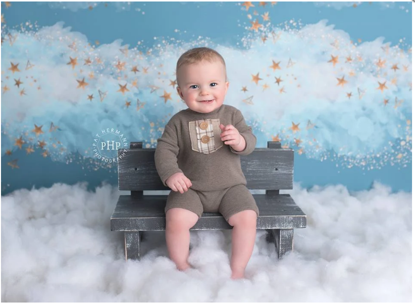 Blue sky cloud Backdrop Child Cake Smash Newborn Baby Photography Background 1st Birthday Party Gold DotsDecoration Banner